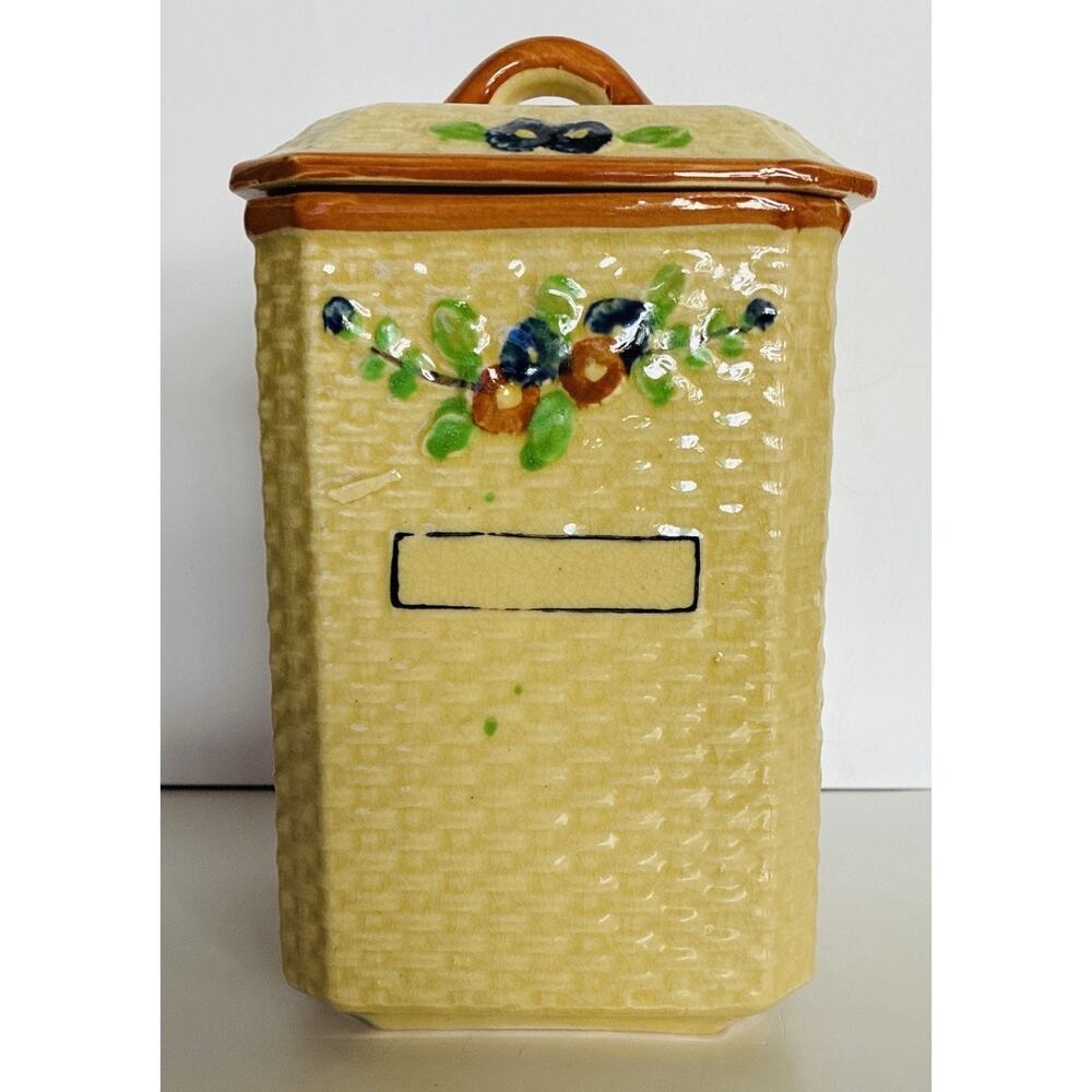 Vintage Hotta Yu Shoten Basketweave Majolica Ceramic Lidded Canister Hand Painte